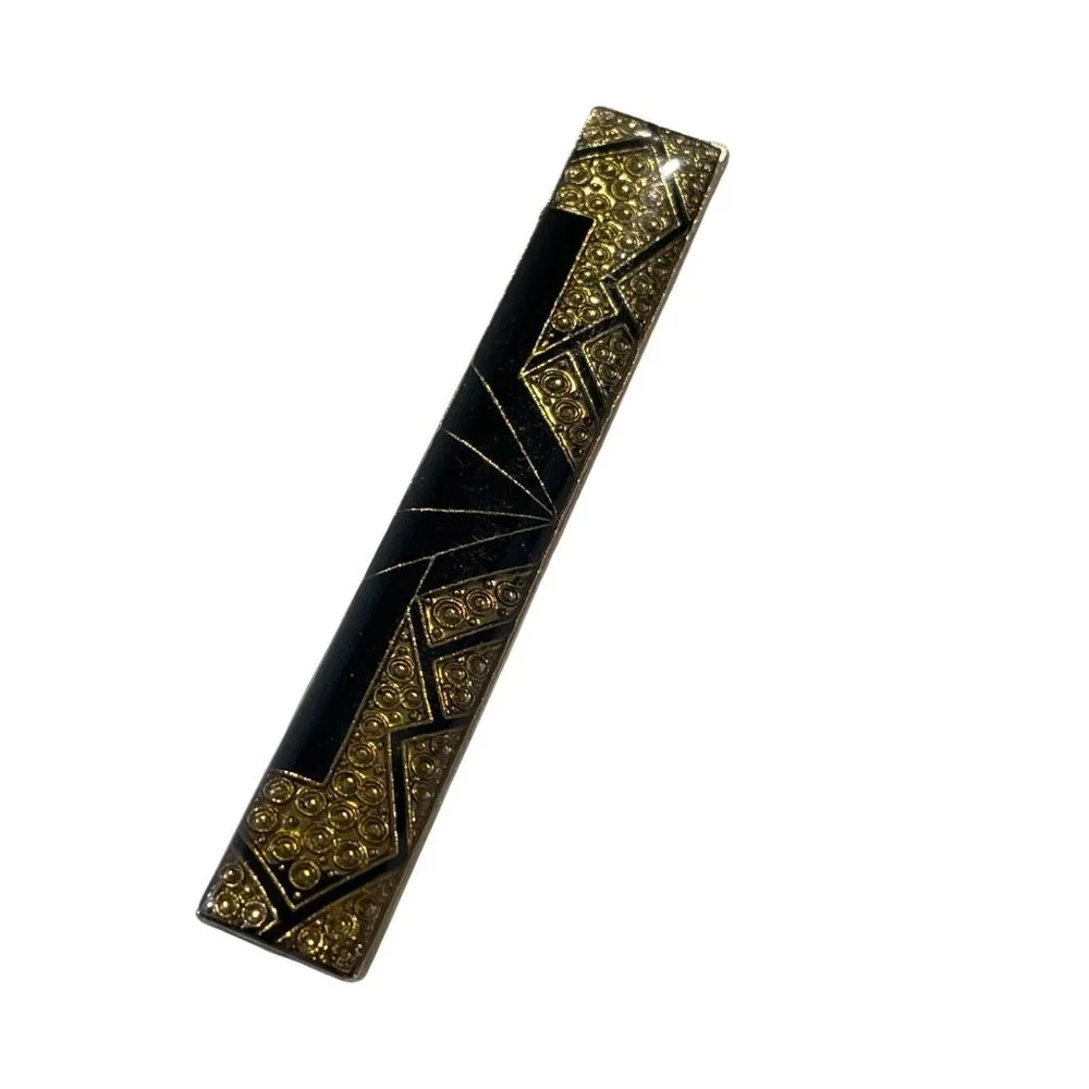 VTG Art‎ Deco Geometric Black Gold Tone Enamel Bar Pin Brooch
